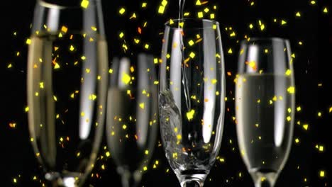 Animation-of-champagne-pouring-in-glasses-and-confetti-falling-over-black-background