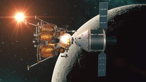 undocking of the capsule of space station and lunar lander on background og the moon