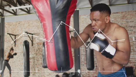 Animación-Del-Procesamiento-De-Datos-Sobre-Un-Hombre-Afroamericano-Haciendo-Ejercicio-En-Un-Gimnasio-De-Boxeo