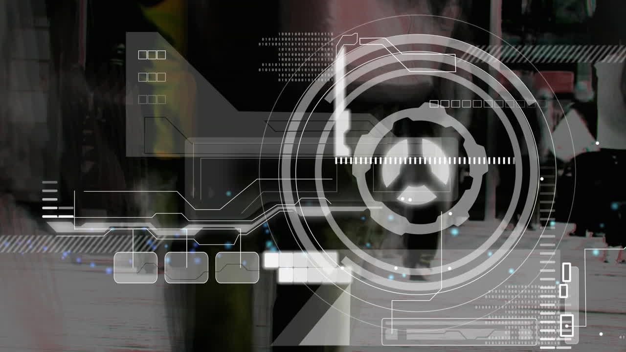 Animation of scope scanning and data processing over pedestrians walking in slow motion