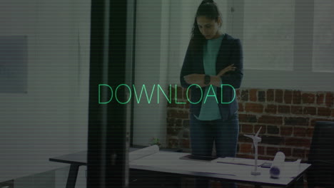 office, woman reviewing documents with animation of download text overlay