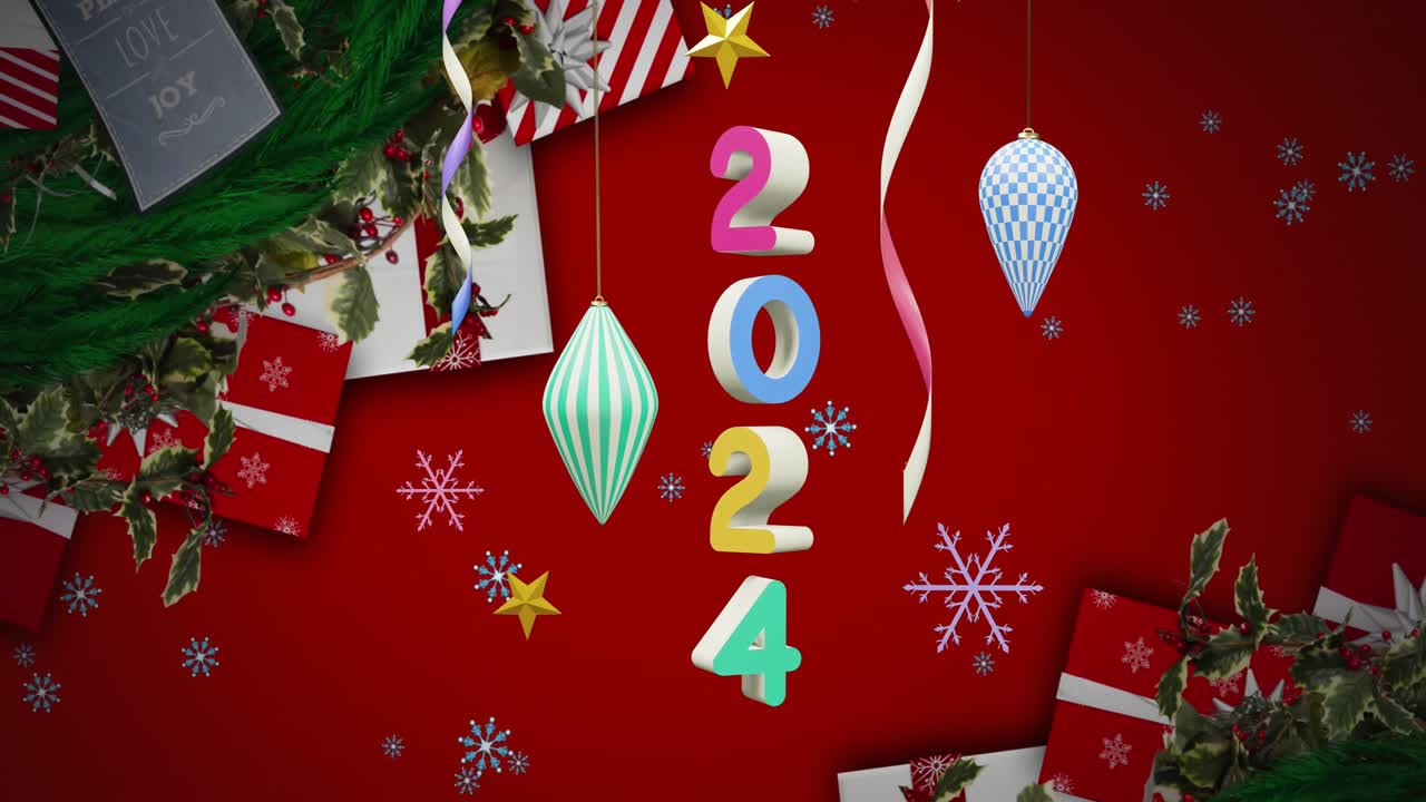animación del texto de 2024 y decoraciones navideñas en el fondo
