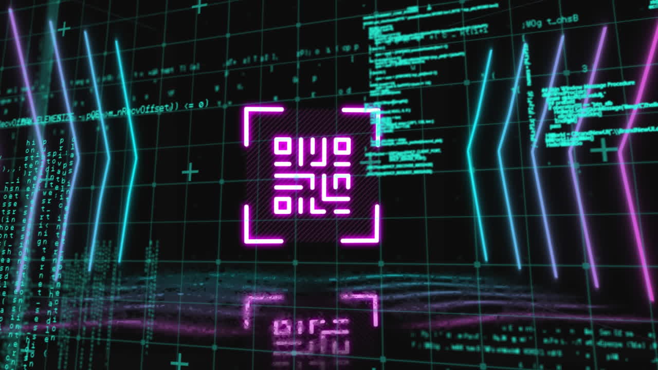 escáner de código qr con elementos de neón contra el procesamiento de datos