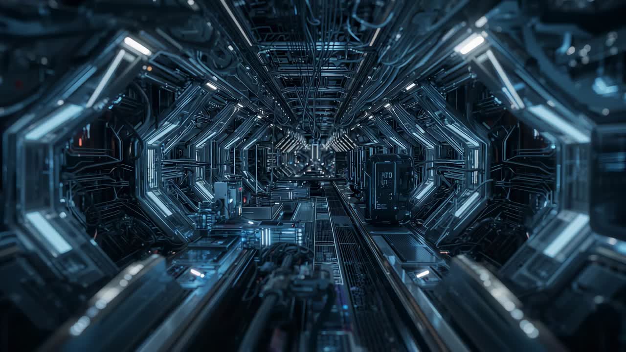 Telecamera in movimento che scansiona il corridoio centrale di una nave, con nervature esagonali, rivelando il modulo ciano per l'audit