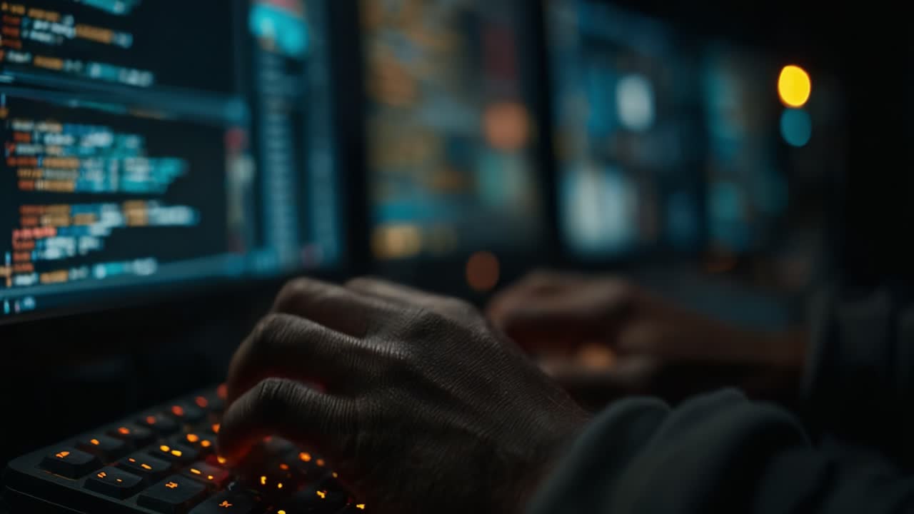 A Close-Up View of Hands Typing on a Backlit Keyboard, Surrounded by Multiple Monitors Displaying Code and Digital Interfaces in a Dimly Lit Environment