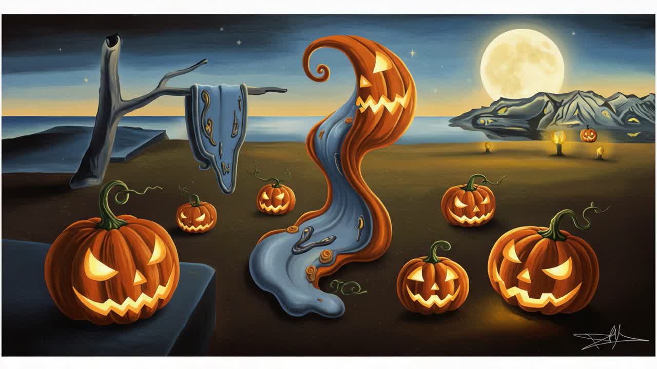 Whimsical Halloween Evening Illustration Featuring Grinning Pumpkins, a Mysterious Ghostly Figure, and a Full Moon Over a Coastal Landscape