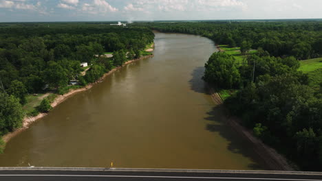 Aguas-Tranquilas-Del-Río-Blanco-En-El-Parque-Ribereño-De-Twin-City,-Arkansas,-EE.UU.---Retroceso-Aéreo