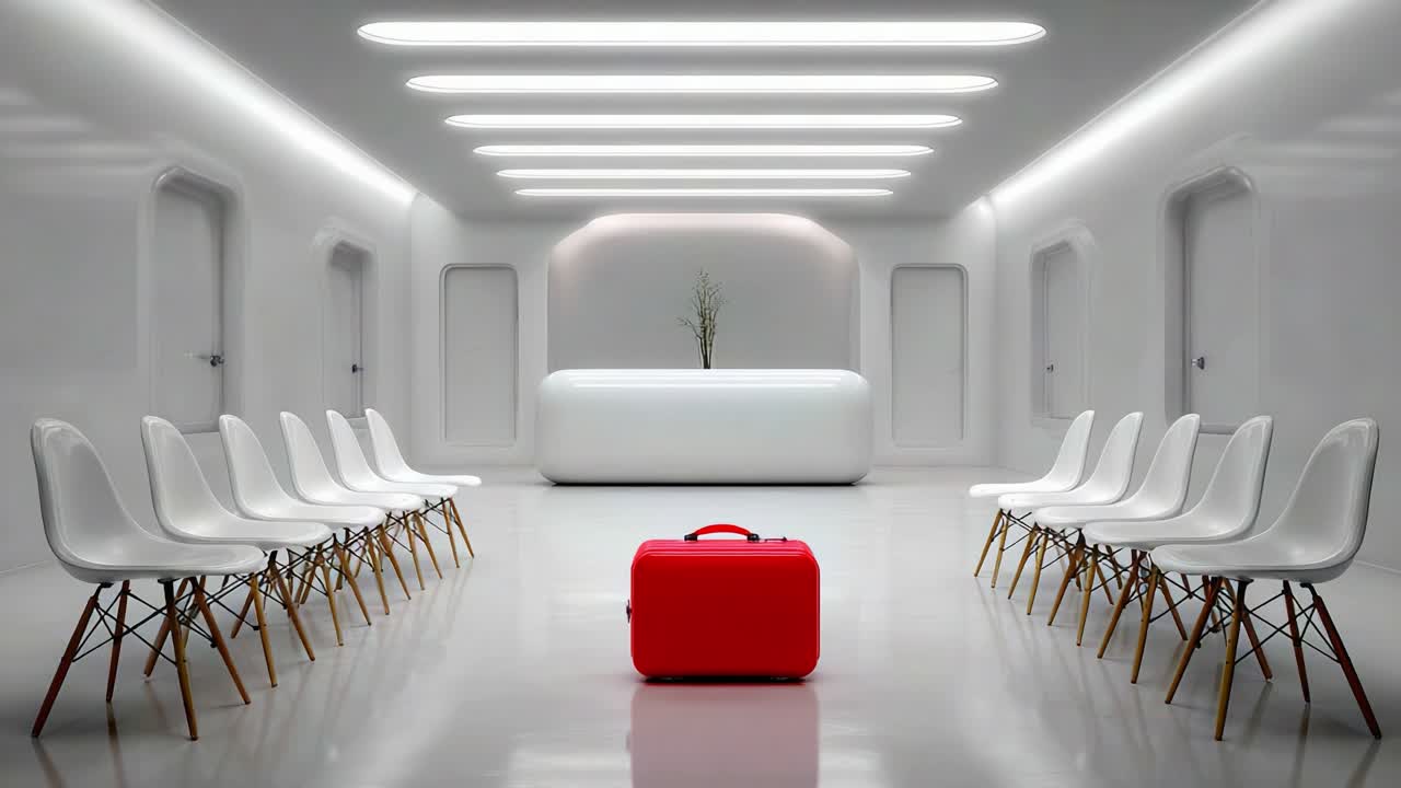 A Minimalistic, Modern Waiting Area Featuring a Striking Red Suitcase Centered Among White Chairs and Sleek Lines, Evoking a Sense of Anticipation and Travel in a Futuristic Setting