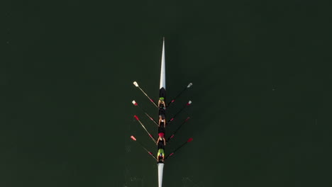 top aerial directly above shot of rowing crew coxless quadruple scull