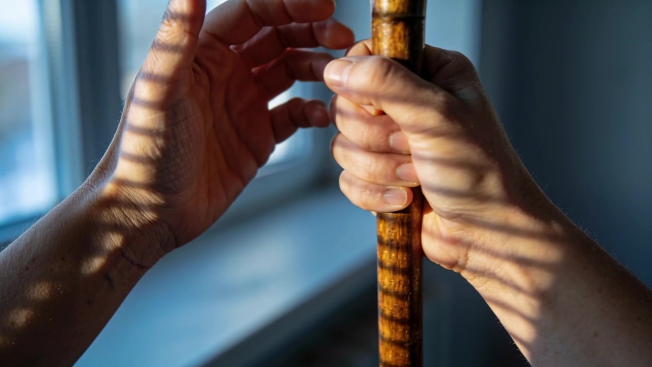 Reagendo alla luce solare dalle persiane, mani che si stringono, si allungano e afferrano un bastone alla finestra per supporto.