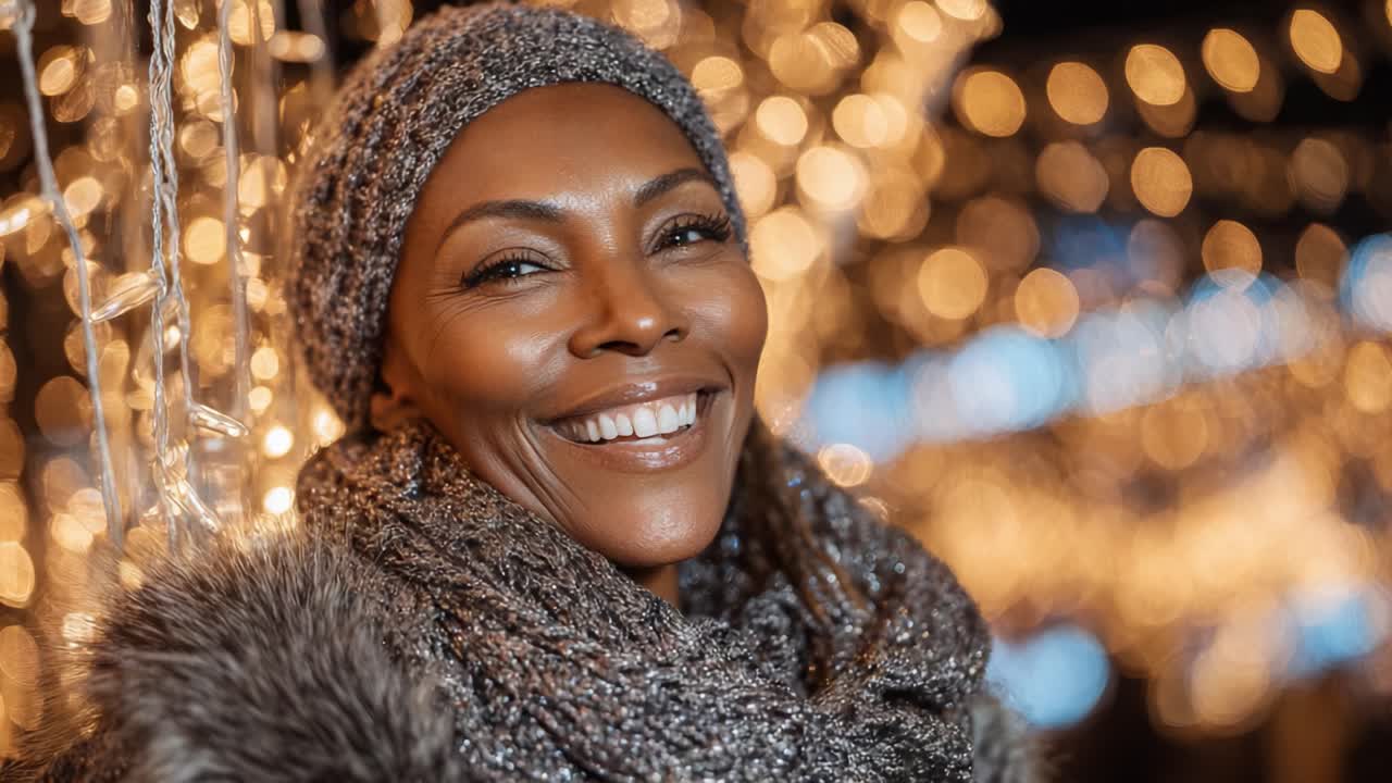 A radiant woman adorned in winter attire beams with joy amidst a backdrop of shimmering lights, capturing a moment of warmth and happiness during the festive season