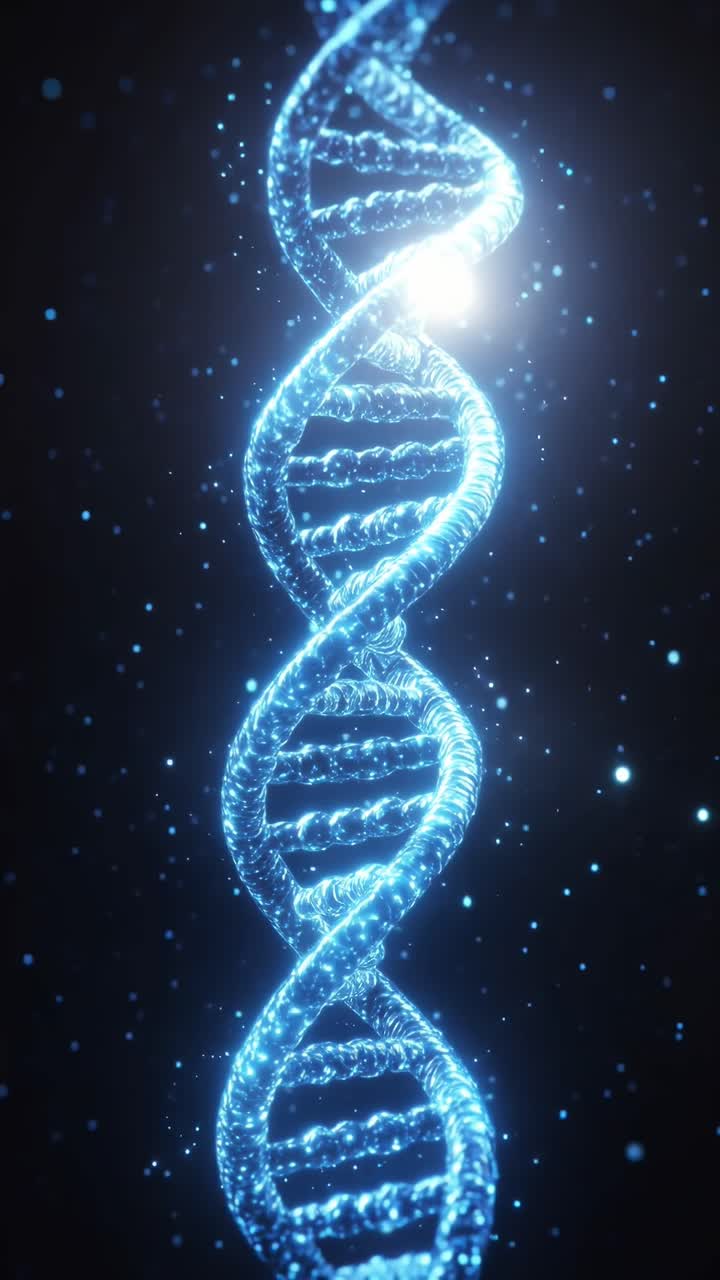 Elica di DNA luminosa in un fotogramma video verticale, inquadratura ravvicinata, con uno stile futuristico.