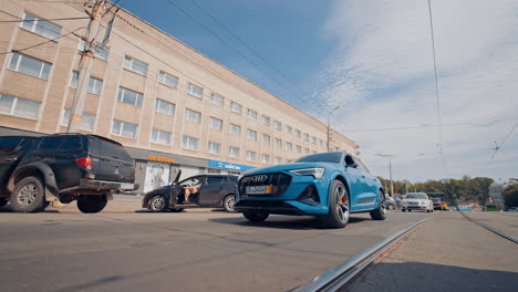 new space audi drives on city. audi overtakes everyone and shows its superiority