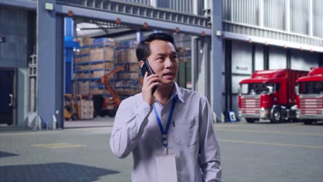 asian male professional worker standing, outside of logistics distributions warehouse, he pick the phone up and started to speaking with it