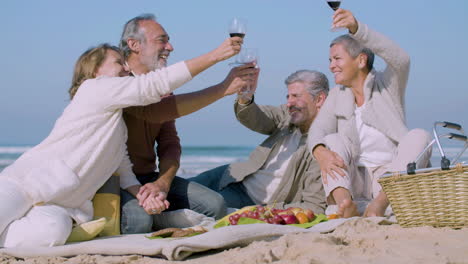 senior couples sitting on beach and clinking glasses of wine