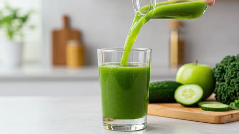 fresh green smoothie preparation: pouring a healthy drink into a glass with cucumbers, broccoli, and apples in a bright kitchen setting