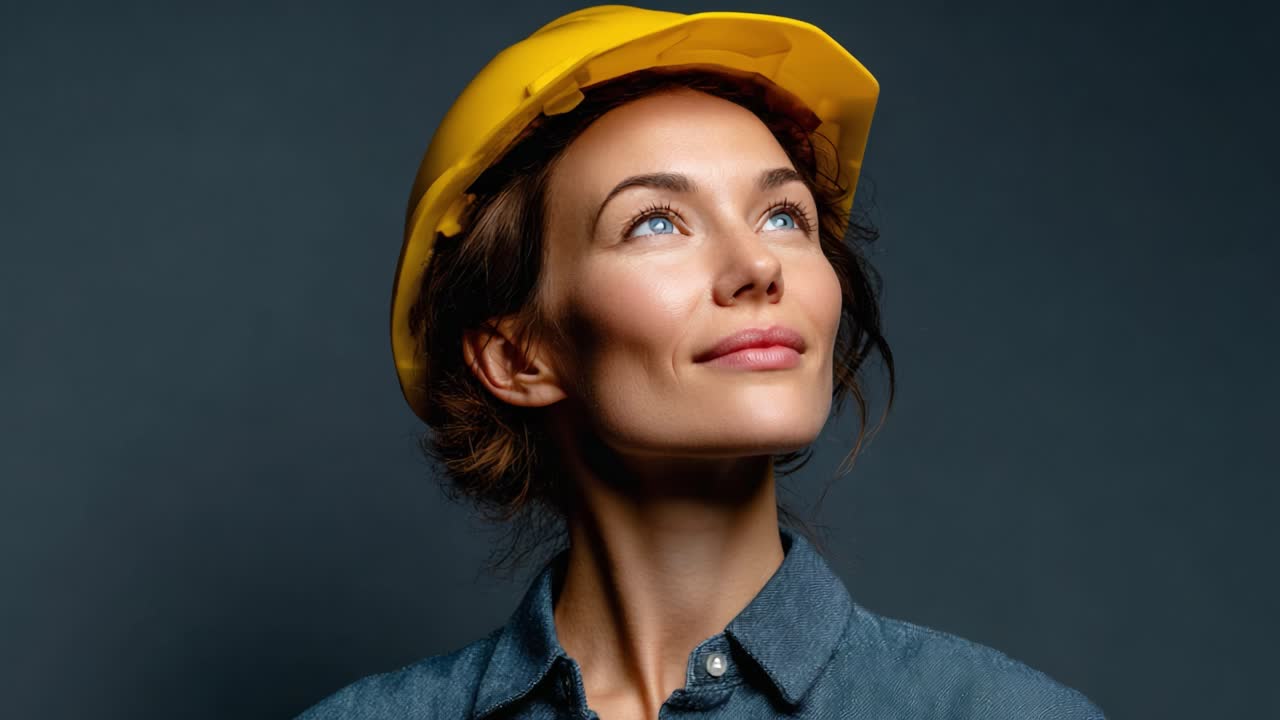 A confident female construction worker wearing a safety helmet gazes upward, embodying empowerment and professionalism in the construction industry