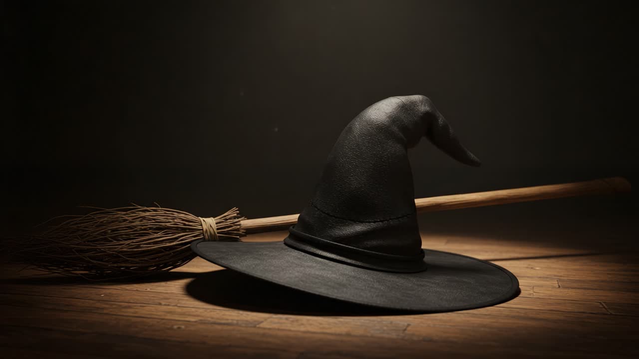 Una sorprendente esposizione di un classico cappello da strega e una scopa, perfettamente catturata in un'ambientazione misteriosa che evoca un senso di incanto e magia.