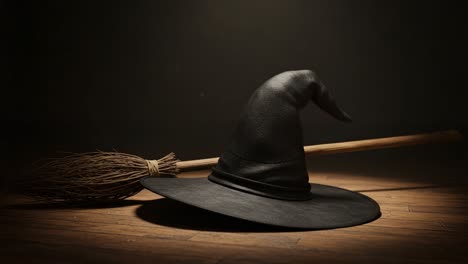 a striking display of a classic witch hat and broom, perfectly captured in a mysterious setting that evokes a sense of enchantment and magic