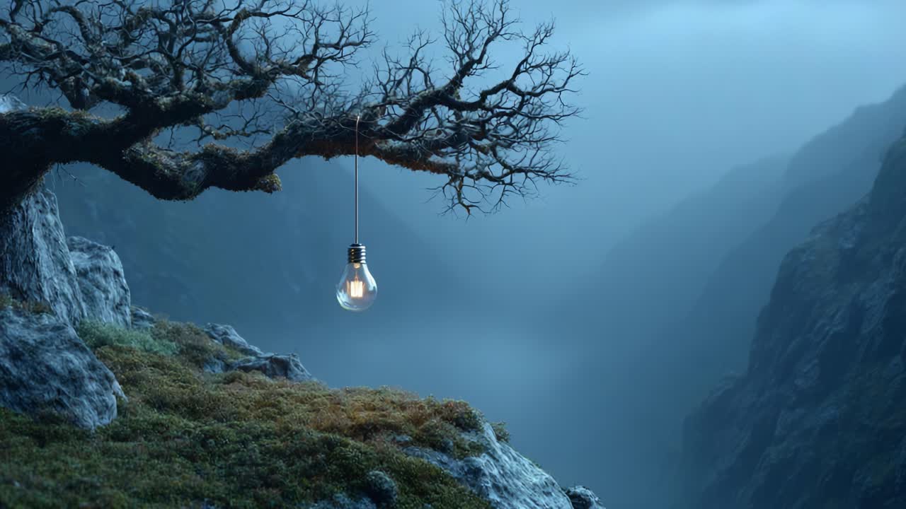 A captivating contrast of light and darkness emerges as a glowing bulb illuminates a barren tree nestled in a mystical valley, creating a surreal atmosphere of wonder