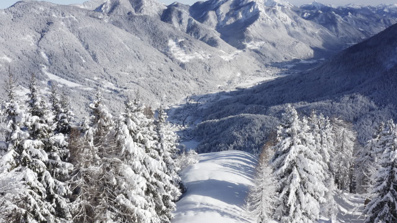 Verschneite Alpental-Aussicht