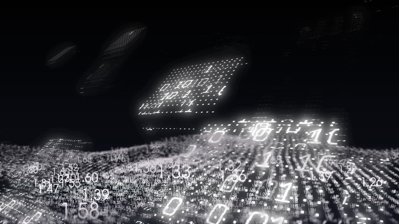 animación del procesamiento de datos financieros y codificación binaria sobre fondo negro