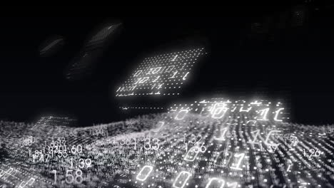 animation of financial data processing and binary coding over black background