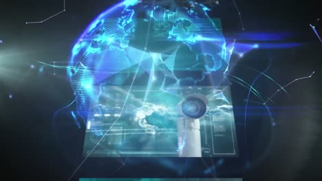 animación del globo, pantalla, escaneo de alcance con redes de conexiones