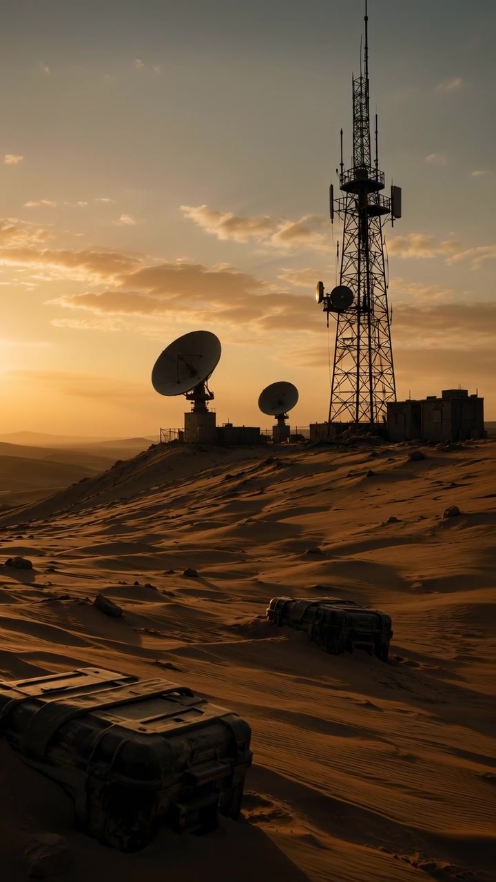 Equipo de comunicación remota se recorta contra un cielo vespertino dorado mientras las dunas rodean antenas parabólicas y estructuras de torres, mostrando arena texturizada, iluminación cálida y una atmósfera de desierto en calma.