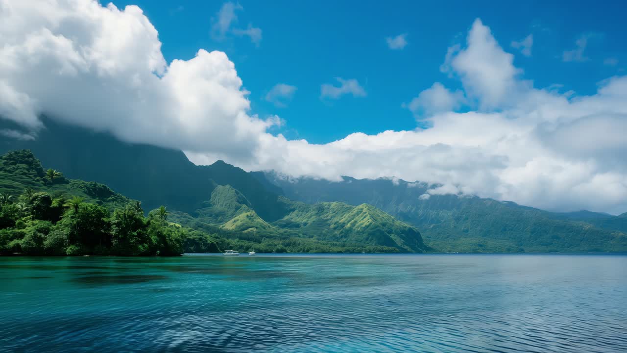 Verdant hillsides cascading toward turquoise waters, framing pristine tropical bay under expansive blue sky brushed with wispy white clouds