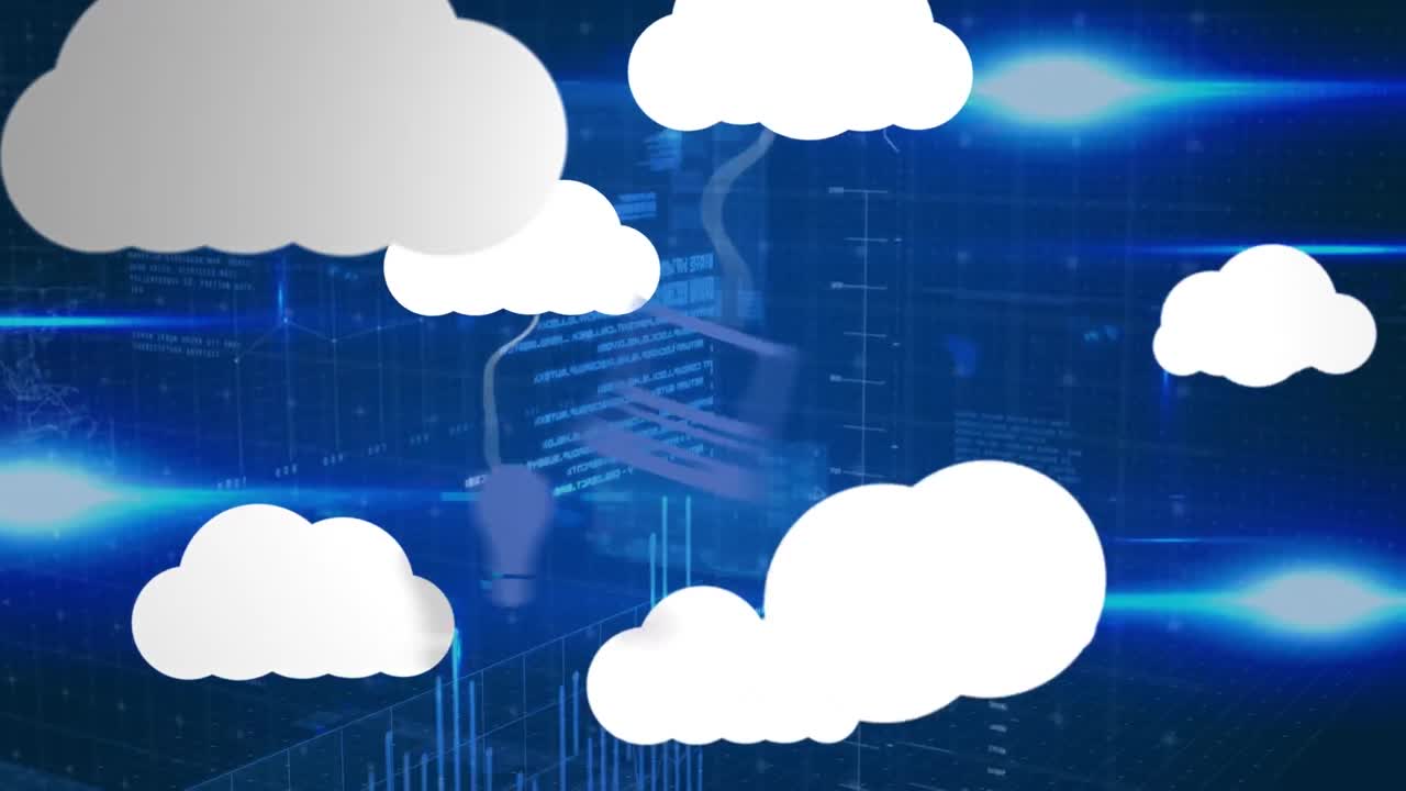 구름 아이콘의 애니메이션과 어두운 배경의 데이터 처리