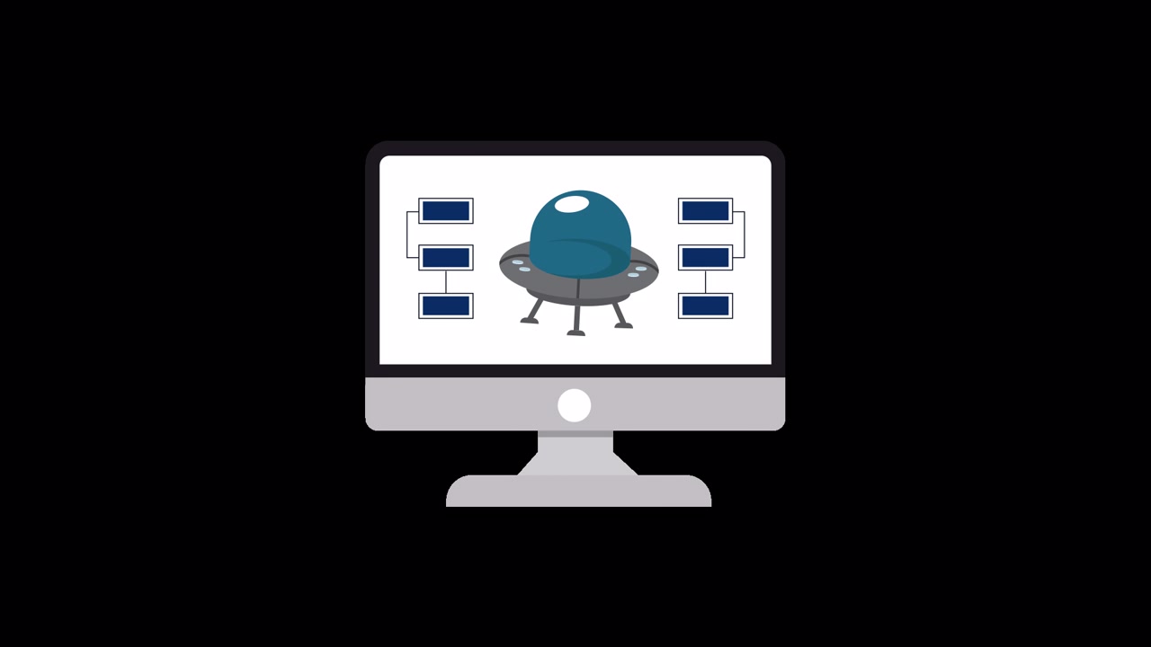 Schermo di computer animato che mostra UFO e rete di dati