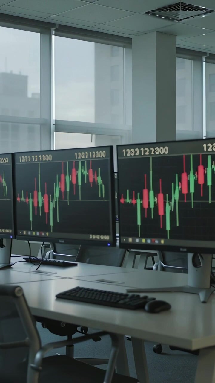 Video verticale: tre monitor che mostrano grafici che cambiano in un ufficio moderno, aggiornandosi con i dati di mercato