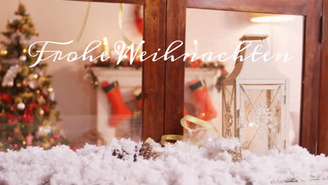 animation des deutschen textes über fallenden schnee und weihnachtsbaum durch das fenster