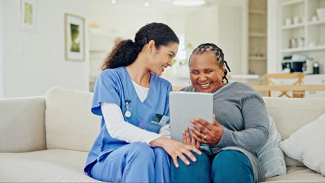 tablet, patient and happy woman