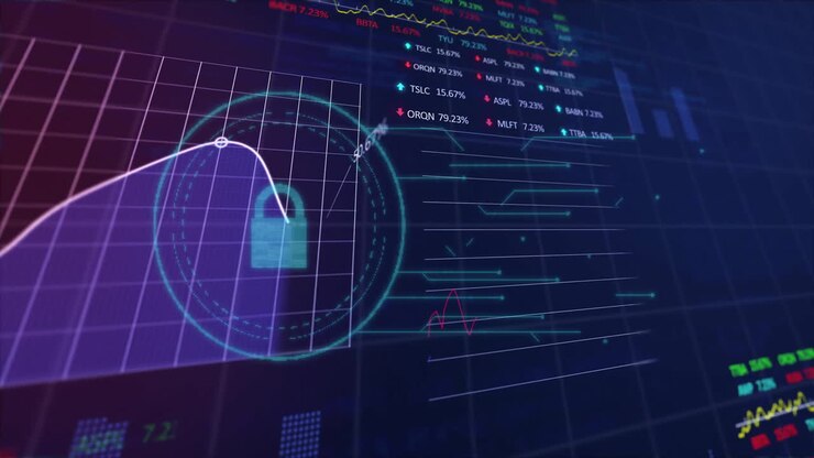Animation of padlock icon and financial data processing