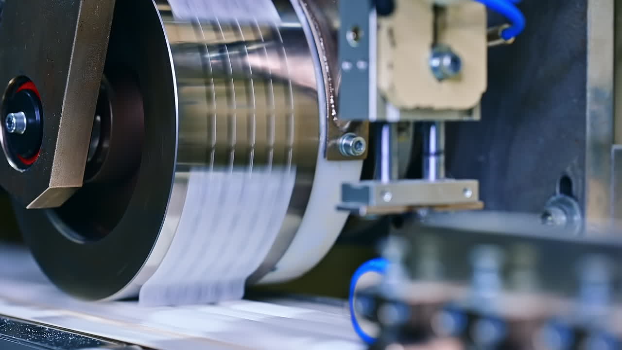 A factory for the production of diapers. Production of a large batch of diapers on a special machine