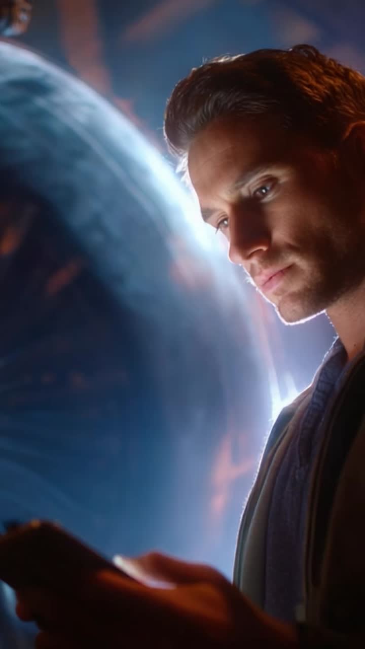 A contemplative man engrossed in a device, illuminated by mysterious lighting, revealing emotions of curiosity and intrigue in an extraordinary setting