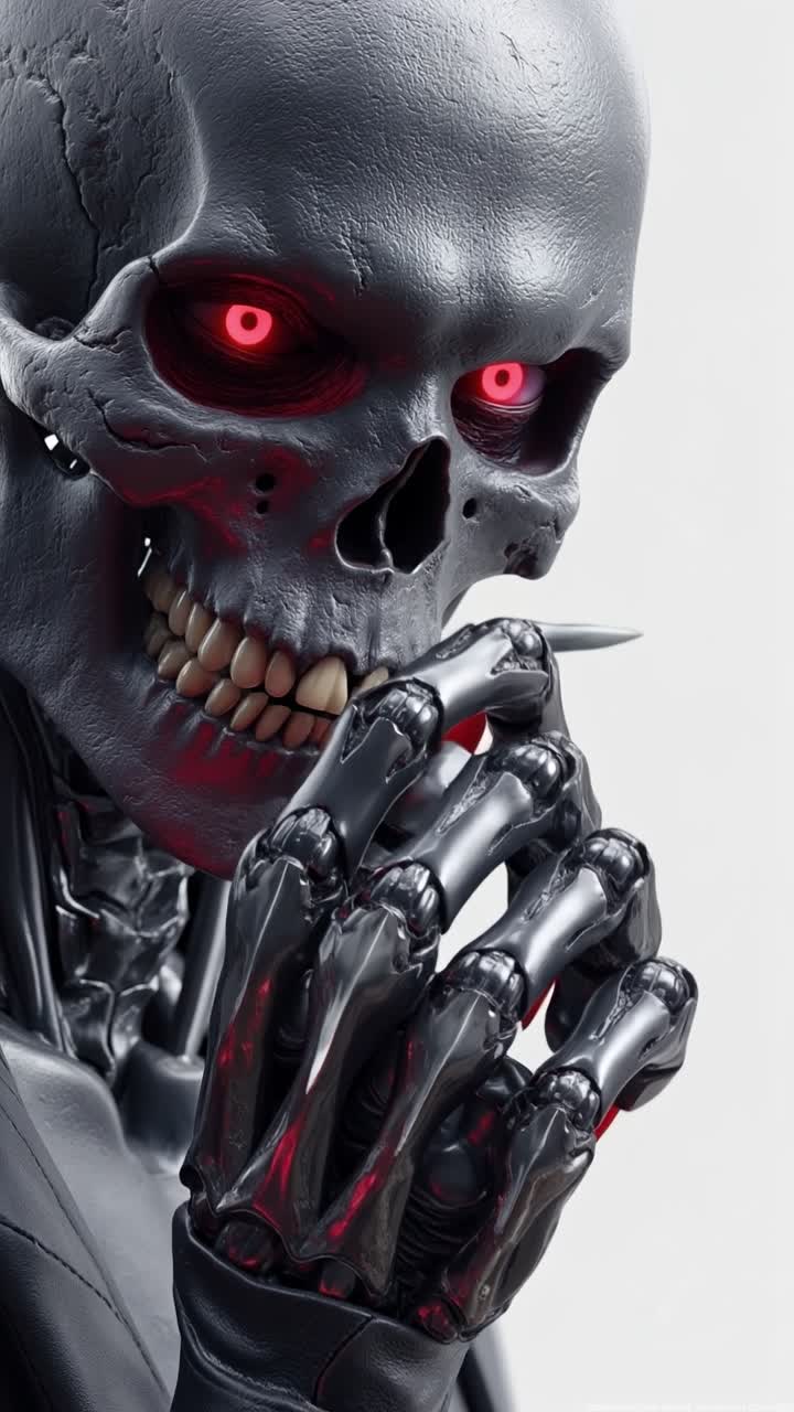 Teschio scheletrico di cyborg futuristico con occhi rossi luminosi e una mano robotica metallica lucida.