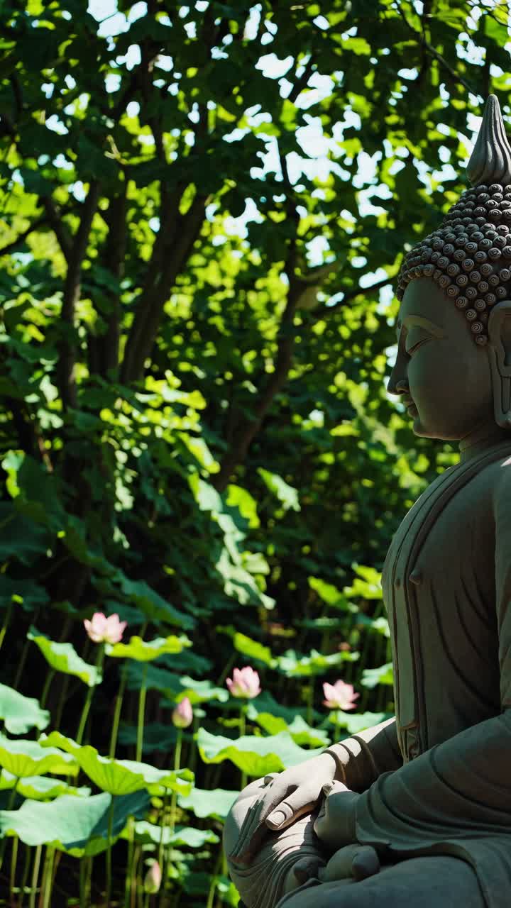 Side view of a serene Buddha statue in a lush garden with lotus flowers, captured in a tranquil