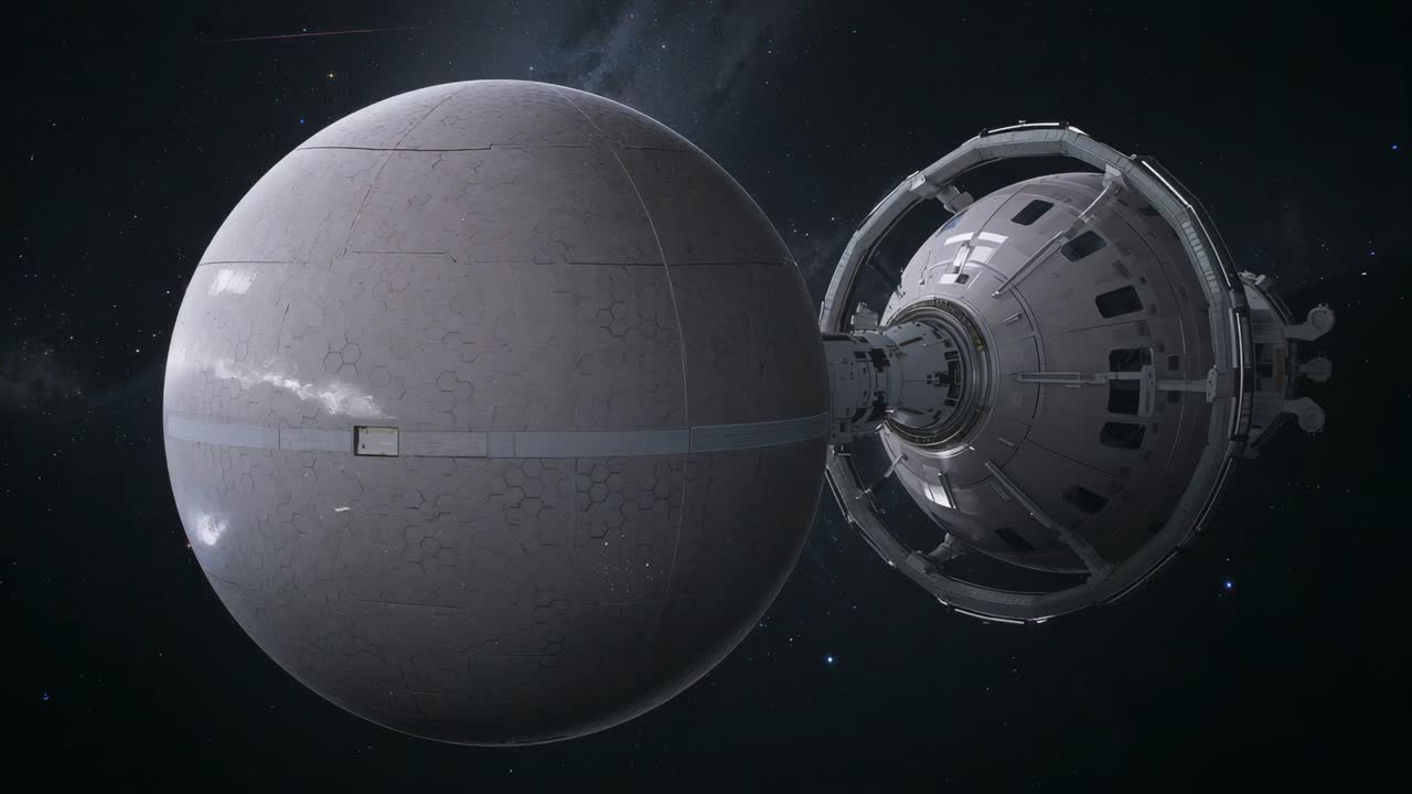 Sfera grigia rotante e modulo conico ad anelli che si sposta sotto la luce delle stelle nello spazio, rivelando il pannello