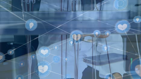 animation of network of connections and data processing over male doctor