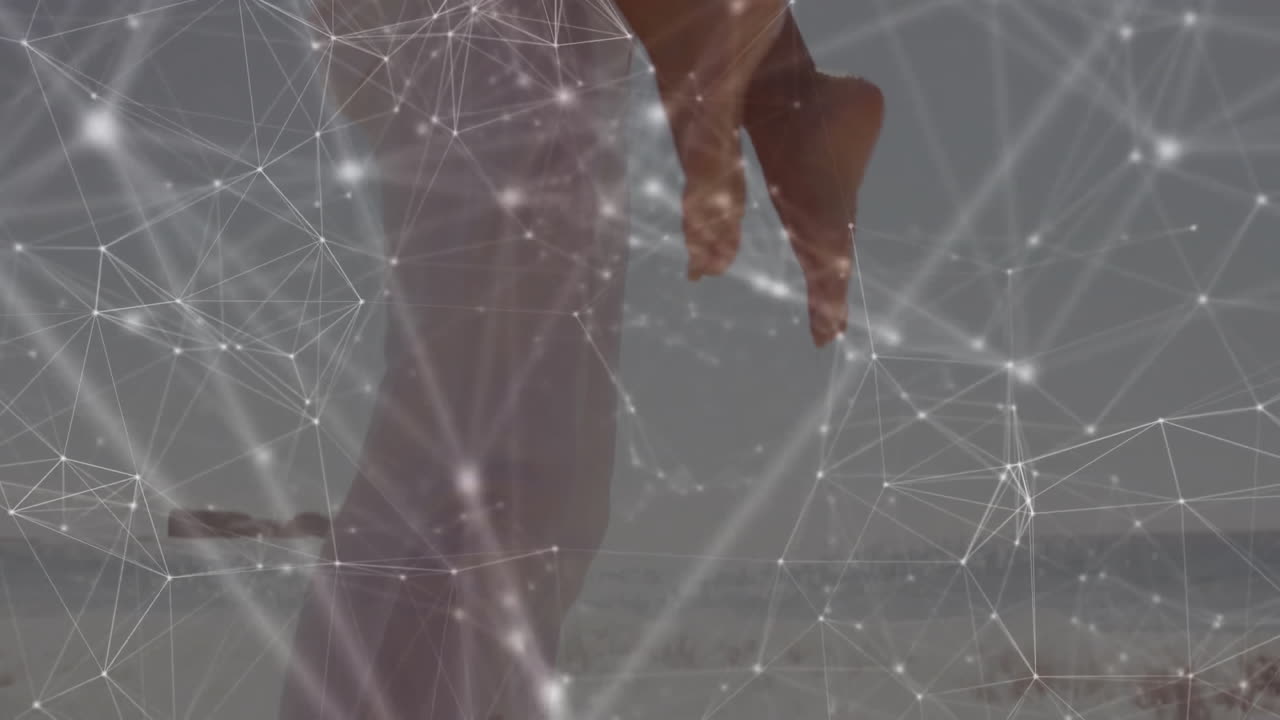 Person balancing on tightrope with network of connections animation overlay