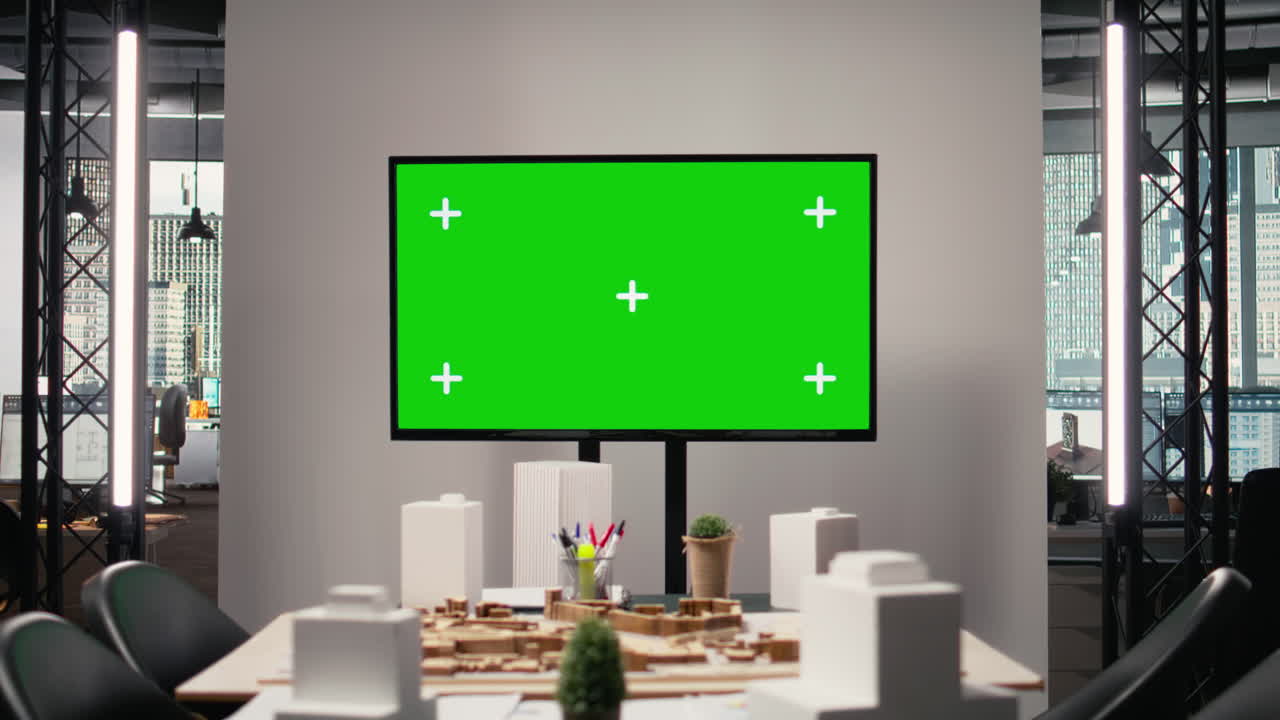 Empty desk layout in architectural real estate office with chroma key