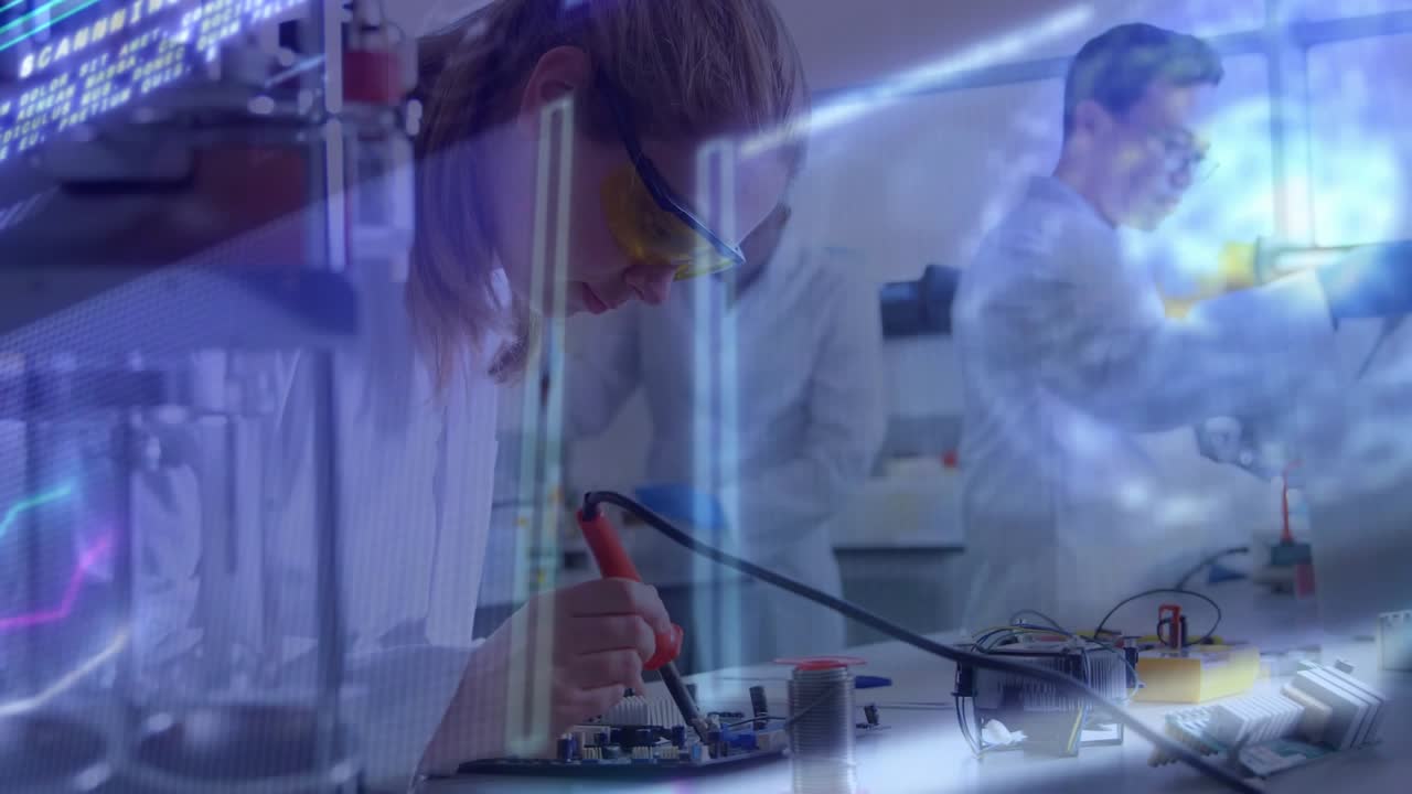 Early-career engineer assembling circuit with soldering iron analyzing data using animated overlays