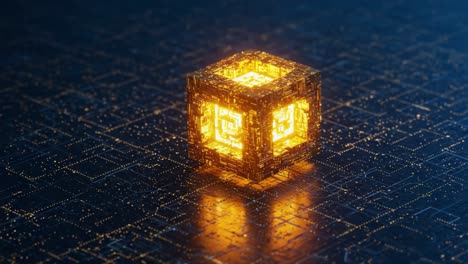 a mesmerizing golden cube stands out against a digital backdrop, illuminated with intricate patterns and showcasing a blend of technology and creativity in a captivating visual display