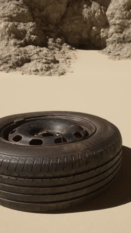 a worn tire in the desert