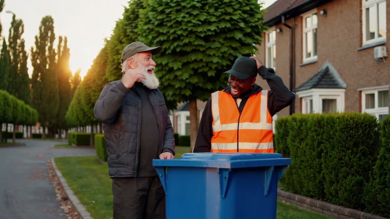 Two Men Engaging in Recycling in a Residential Neighborhood