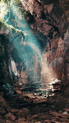 a light shining through a cave entrance