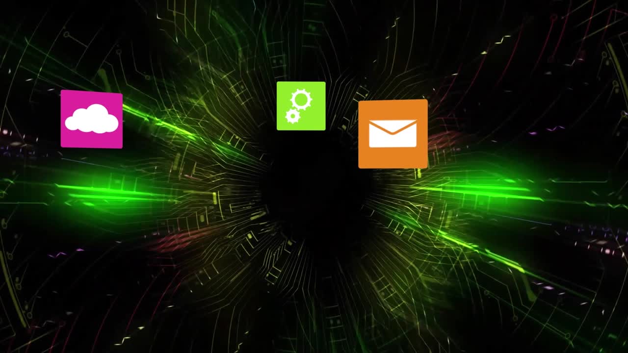 Animation of multiple digital icons against colorful light trails over microprocessor connections